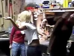 Catfight and forced fuck at the workshop